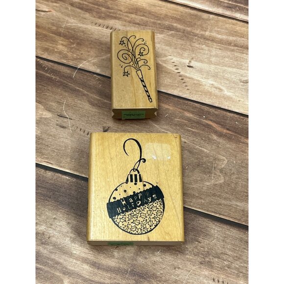 SET OF 2 STAMPENDOUS HOLIDAY PARTY THEMED WOOD MOUNTED RUBBER STAMPS NOISE MAKER - Picture 1 of 5